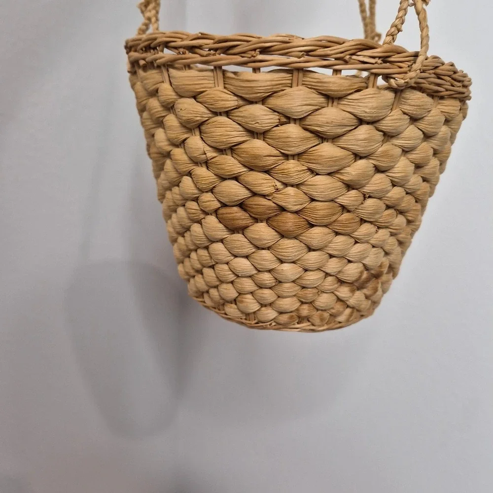 Vintage Wicker Hanging Planter Basket Natural Woven Rattan Boho Home Decor Tan